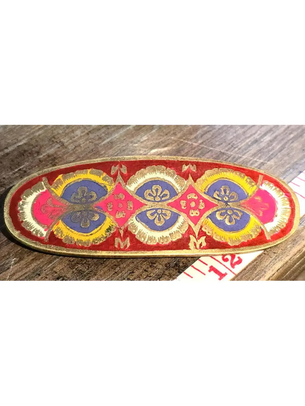 Vintage Cloisonne Style Enameled Brass Hair Barrette Colorful Art Deco Design